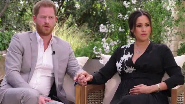 The dress Meghan wears in her upcoming interview with Oprah Winfrey has a white lotus flower design. Picture: CBS