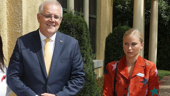 Prime Minister Scott Morrison with Grace Tame, who appeared to be uncomfortable with the meeting. Picture: NCA NewsWire/Gary Ramage