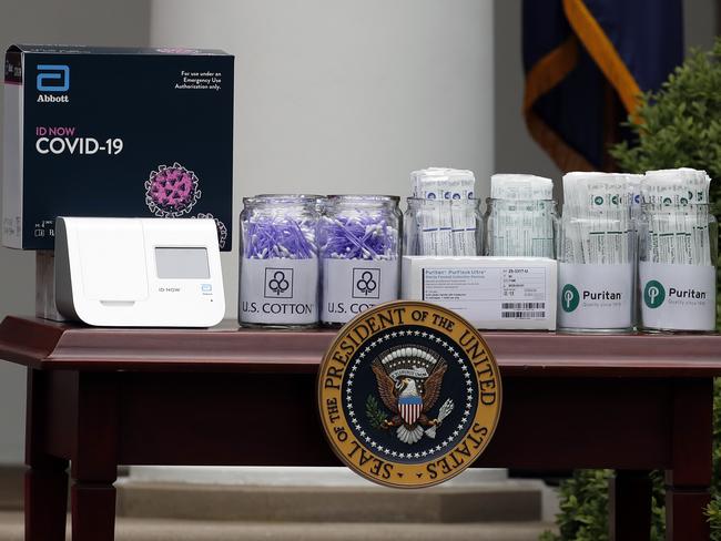 Materials for COVID-19 testing from Abbott Laboratories, US Cotton, and Puritan are displayed at the White House. Picture: AP