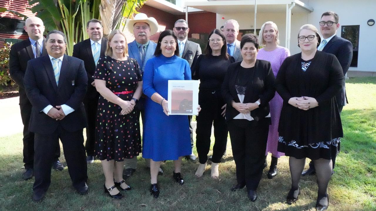 Isaac Regional Council has delivered its 2023-24 budget. Back row – Acting Director Corporate Governance and Financial Services Michael Krulic, Acting CEO Darren Fettell, Cr Greg Austen, Director Water and Waste Scott Casey, Cr Simon West, Deputy Mayor Kelly Vea Vea, Director Planning, Environment and Community Services Daniel WagnerFront row – Director Engineering and Infrastructure Robert Perna, Cr Jane Pickels, Mayor Anne Baker, Cr Gina Lacey, Cr Carolyn Franzmann, Head of Advocacy and External Affairs Mary-Anne Uren. Picture: Isaac Regional Council