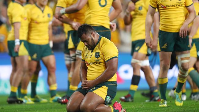 BRISBANE, AUSTRALIA - SEPTEMBER 08:  Taniela Tupou of the Wallabies celebrates winning The Rugby Championship match between the Australian Wallabies and the South Africa Springboks at Suncorp Stadium on September 8, 2018 in Brisbane, Australia.  (Photo by Chris Hyde/Getty Images)