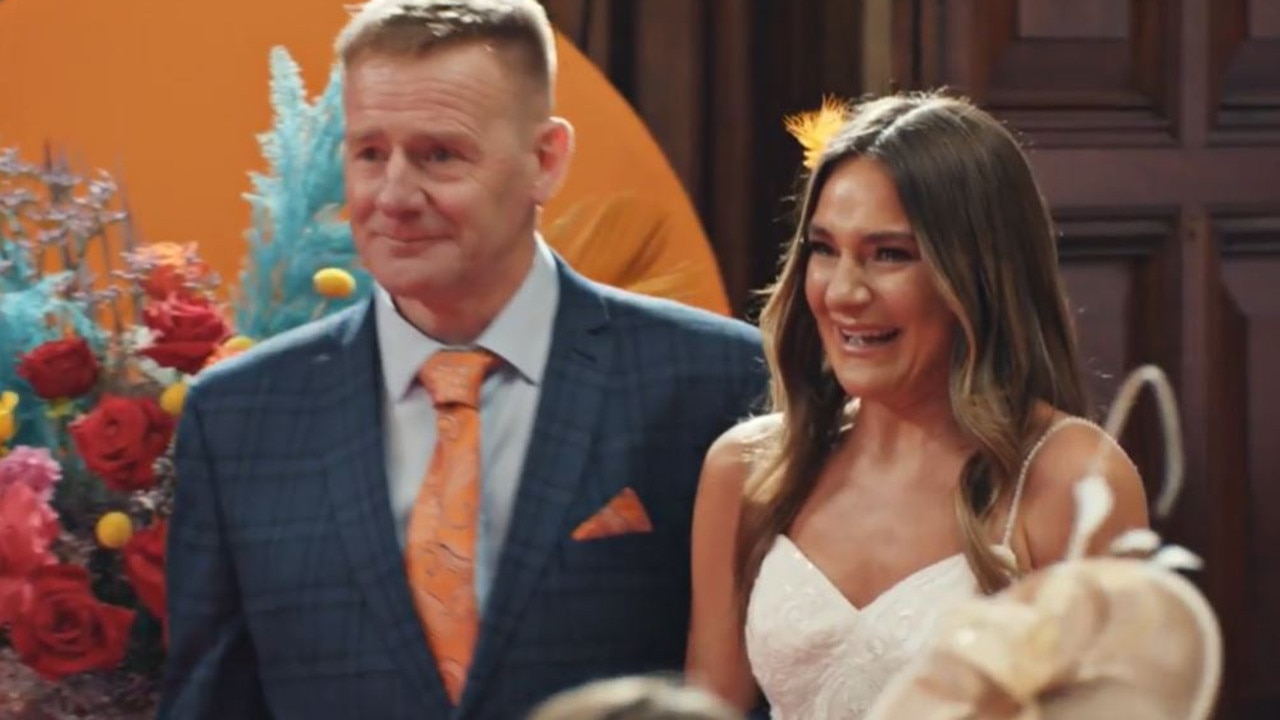 Bride Kristina doesn’t know where to look once she spots her groom and his goofy teeth. Picture: Channel 4