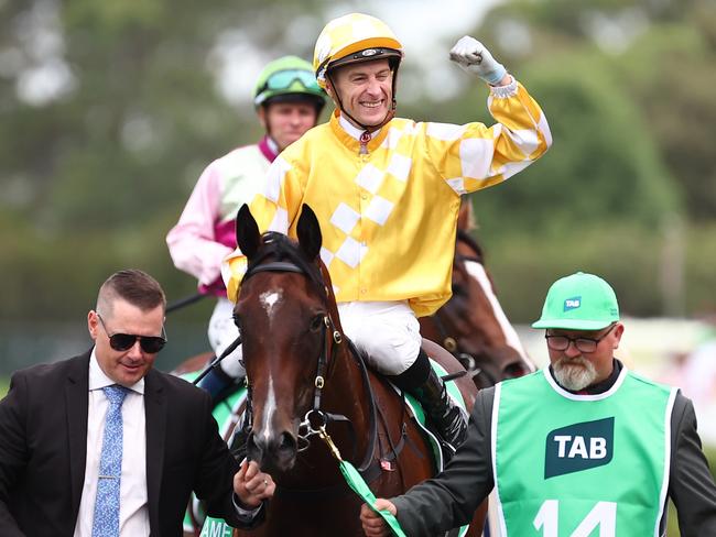 SYDNEY, AUSTRALIA - MARCH 23: Blake Shinn riding  Lady Of Camelot wins Race 8 Golden Slipper during the Golden Slipper Day - Sydney Racing at Rosehill Gardens on March 23, 2024 in Sydney, Australia. (Photo by Jeremy Ng/Getty Images)