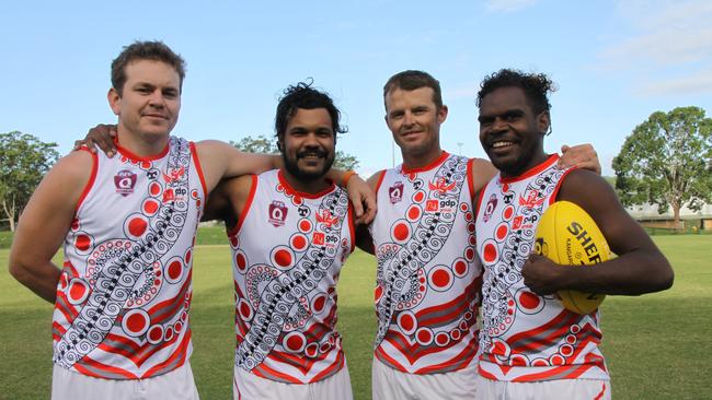 Earlier this quartet of Tennant Creek footy players were recruited for the Lismore Swans senior men’s team – L-R Owen Paterson, Tommy Gillett, Andrew Baker and Bronson Plummer. They all brought incredible Aussie rules expertise, skills, experience and passion to the club. Due to Covid-19 related issues, Baker is the only Tennant Creek player currently lining up for the team. His youngest son Jayvontaye Graham will do the coin toss for the senior men’s game on May 29, 2021. Photo: Alison Paterson