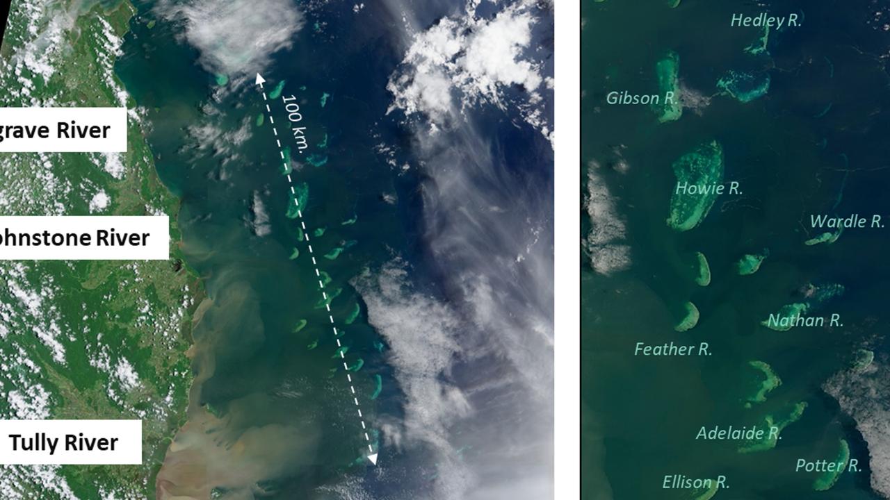 The rare volume of water in recent floods meant plumes of sediment have even reached parts of the outer reef. Snapshot from February 6, extracted from the Copernicus Browser and analysed by TropWATER James Cook University.