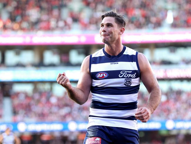 SYDNEY, AUSTRALIA - JUNE 09: Tom Hawkins of the Cats celebrates after kicking a goal during the round 13 AFL match between Sydney Swans and Geelong Cats at SCG, on June 09, 2024, in Sydney, Australia. (Photo by Brendon Thorne/AFL Photos/via Getty Images)