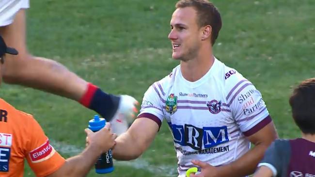 Daly Cherry-Evans smiles after missing a conversion attempt from in front.