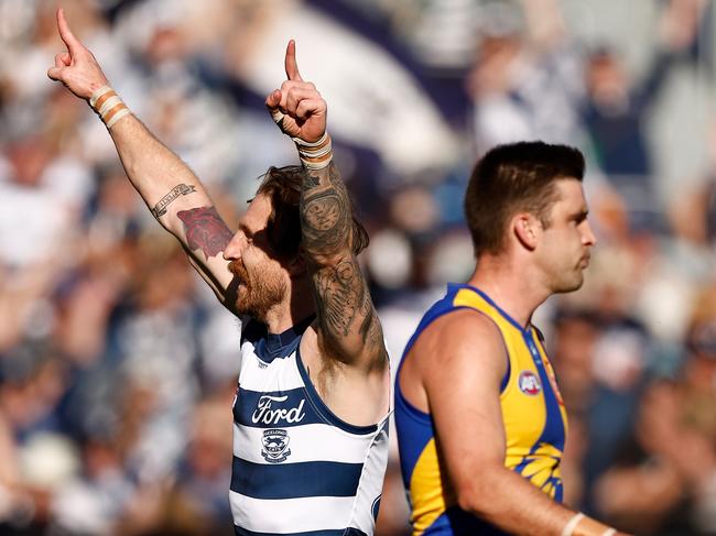 Zach Tuohy celebrates a goal during Geelong’s romp. Picture: Michael Willson/AFL Photos via Getty Images