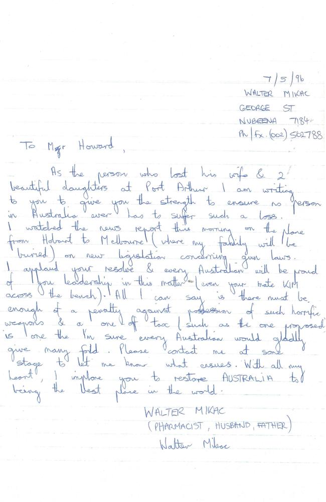 Nine days after the event, Walter sent a letter to John Howard urging him to act on gun reform.