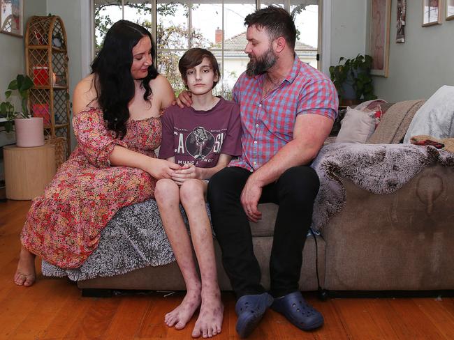 Janelle, Sebastian and Daniel Bridge. Lara teenager Sebastian Bridge is battling a rare health condition caused by mould in his family home that his family discovered by chance in June. Picture: Alan Barber