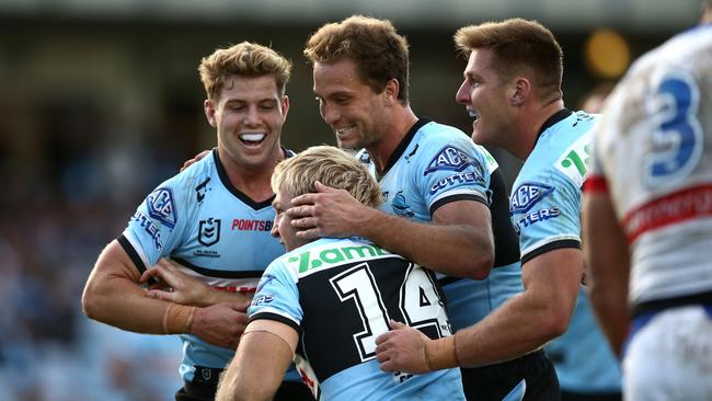 Aiden Tolman had the crowd going wild after scoring a try in his 300th NRL game. Picture: Getty Images.