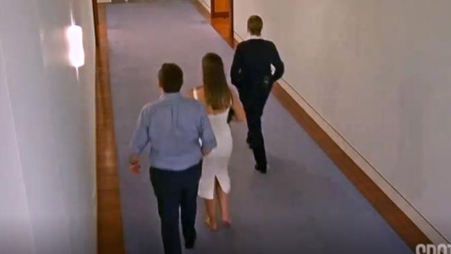 CCTV footage showed Brittany Higgins and Bruce Lehrmann entering Linda Reynold’s office at 1.47am. Picture: 7Spotlight