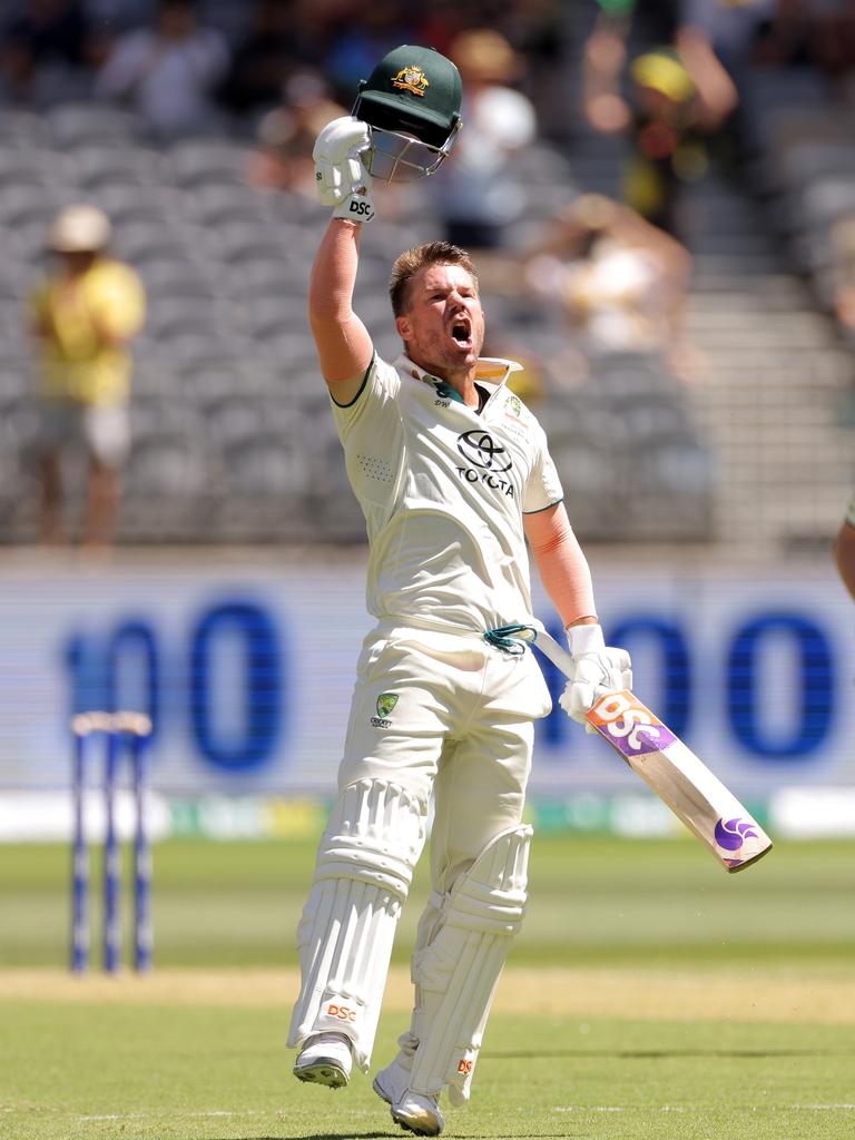 David Warner enjoys his century in Perth.