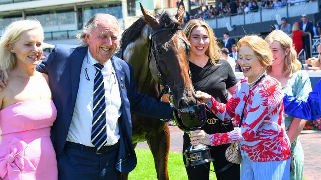 John Singleton (second from left) celebrating the win of Castlereagh Kid with Gai Waterhouse at Caulfield in 2022. Picture: Vince Caligiuri/Getty Images