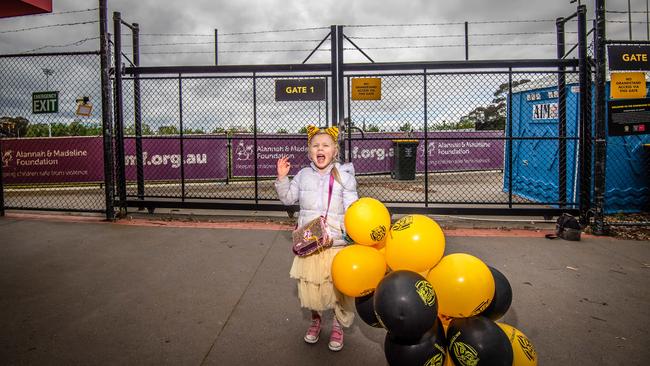 Evie Crombach, four, celebrating at Punt Road Oval on Sunday Picture: Jason Edwards