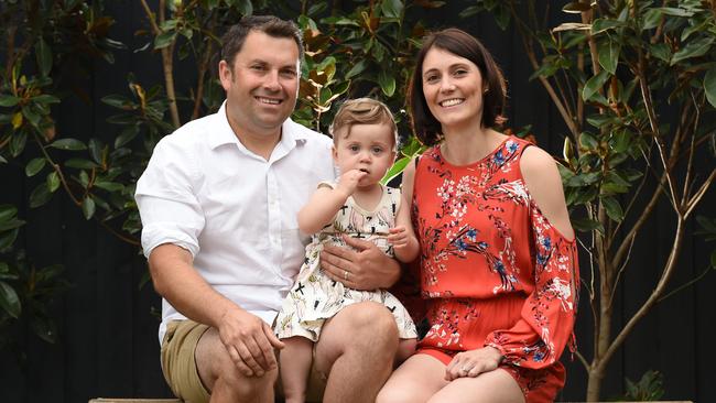 Luke Watson and Carly Howell with there daughter River quit Adelaide for career opportunities interstate. Picture: David Smith