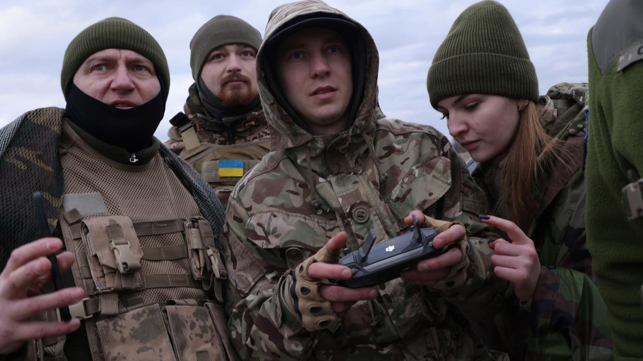 Ukraine’s civil-para military defence forces practice flying combat drones in its war with Russia. Picture: Sean Gallup/Getty