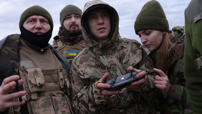 Ukraine’s civil-para military defence forces practice flying combat drones in its war with Russia. Picture: Sean Gallup/Getty