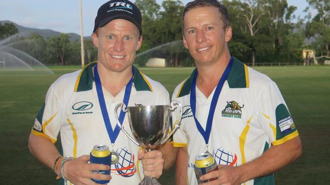 Aaron Harmsworth (right) and brother Todd were batting together when Gracemere won Rockhampton’s A-grade cricket grand final in 2017. Picture: File.