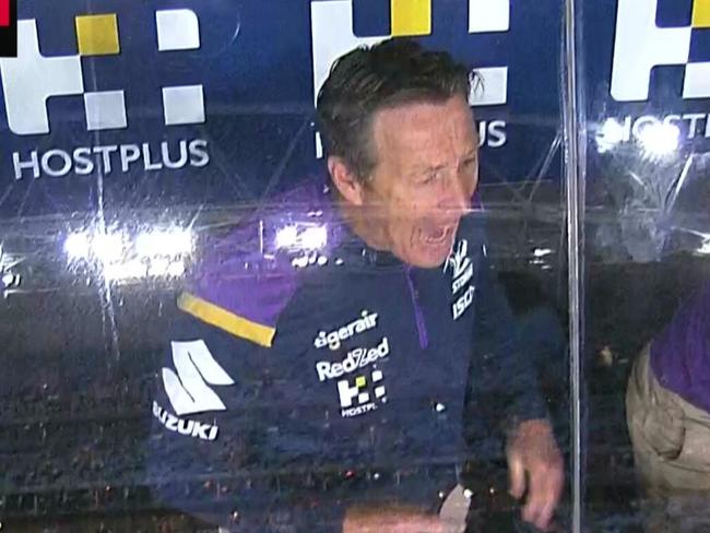 Craig Bellamy kicks a chair in epic coach box blow-up during NRL Grand Final of Melbourne Storm and Penrith Panthers.  Picture Fox Sports