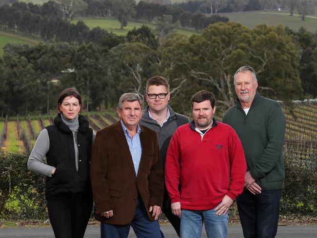 MANY RISKS: Gold mine opponents, Artwine’s Alex Camatta, grazier Malcolm Scroop Hills wine region’s Jared Stringer Inverbrackie Creek Catchment Group chair Jim Franklin-McEvoy and grazier Kym Davis Picture: DYLAN COKER