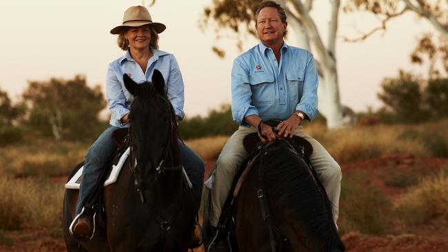 Andrew 'Twiggy' Forrest and wife Nicola on horseback at Minderoo.