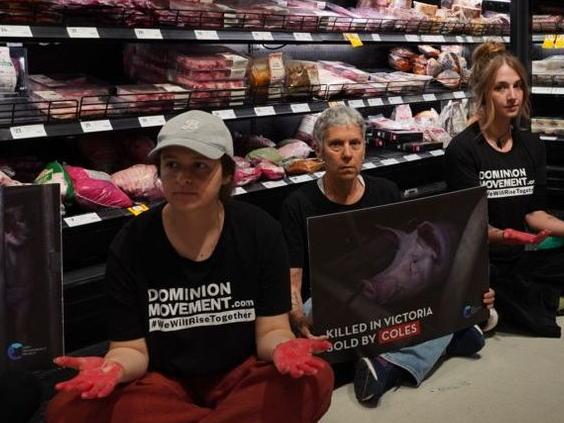 Vegan activists in the meat aisle at Coles on Spencer St, Melbourne.