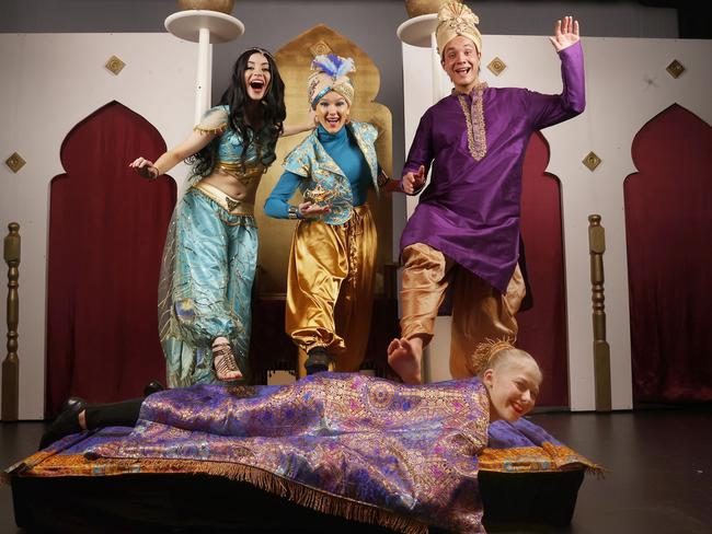 Amelia Hoskin 17 in year 12 as Princess Jasmine, Severine Cherry 17 in year 12 as Genie, Rupert Bullard 17 in year 12 as Aladdin with Anna Fearn 18 year 12 as carpet. Aladdin the musical by students from The Friends' School in Hobart.  Picture: Nikki Davis-Jones