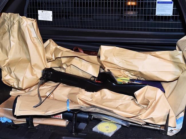 Police at the scene of a weapons and drugs raid at 31 Keith Street Edithvale. Some of the seized weapons. Picture: Ellen Smith