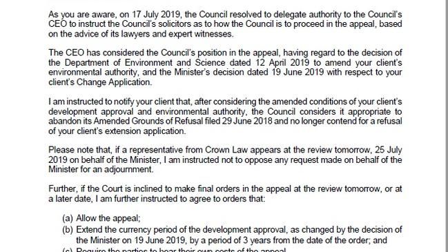 An excerpt of the Redland City Council letter dated July 24, 2019.