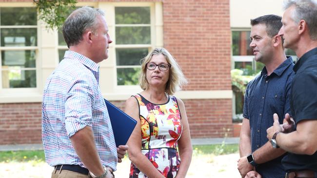 Premier Will Hodgman speaks with Glenys McKay, principal Glen Huon Primary School, Joel Doyle, principal Huonville High School, and Jamie Synnott, learning services Department of Education. Picture: NIKKI DAVIS-JONES