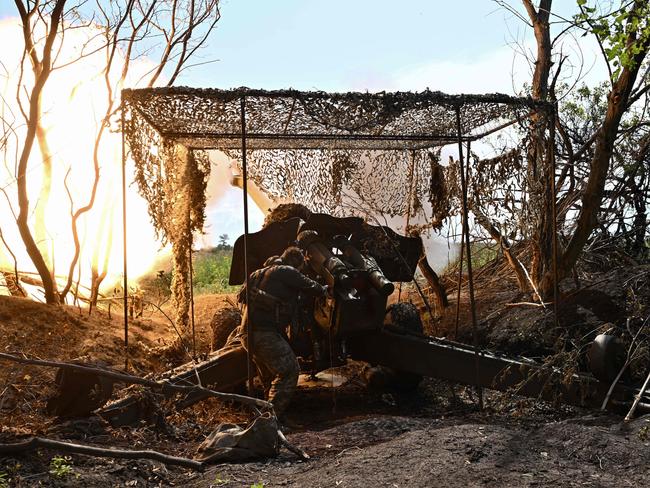 A Ukrainian artilleryman fires a 152mm towed gun-howitzer D-20 at Russian positions on the frontline near Bakhmut, eastern Ukraine. Picture: Genya Savilov / AFP