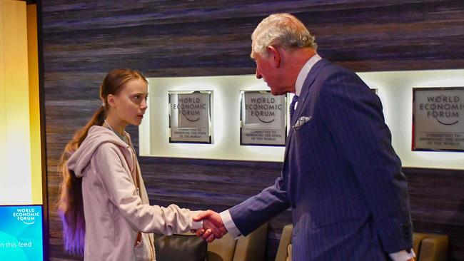 Prince Charles meets Swedish climate activist Greta Thunberg at the World Economic Forum in Davos, Switzerland. Picture: AFP