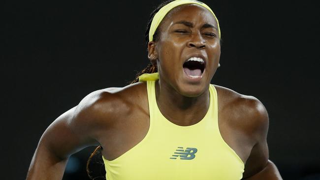 NCA. MELBOURNE, AUSTRALIA. 15th January 2025.   Day 4 Australian Open Tennis at Melbourne Park.  Coco Gauff vs Jodie Burrage on Rod Laver Arena.  Coco Gauff celebrates late in the 3rd set during her 2nd round match against Jodie Burrage  .  Picture: Michael Klein