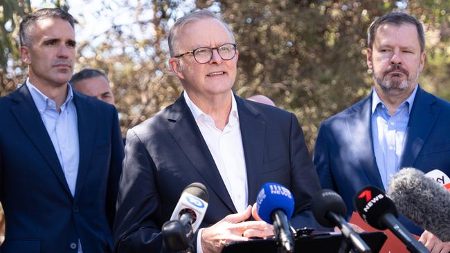 Australian Prime Minister Anthony Albanese addressing the media during a visit to the Whyalla Steelworks. Picture: NewsWire / Tim Joy