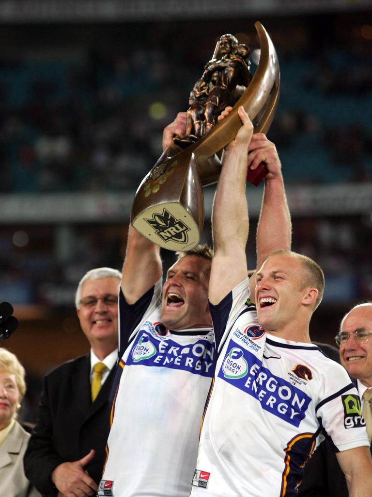 NRL Grand Final Melbourne Storm v Brisbane Broncos at Telstra Stadium Shane Webcke and Darren Lockyer hold the Telstra Trophy aloft after defeating the Melbourne Storm. PHOTO: Mark Evans / News Limited