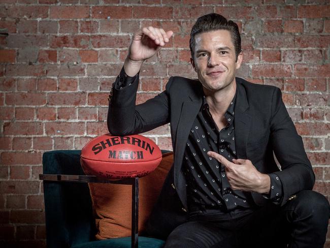 The Killers frontman Brandon Flowers is hoping for grand final glory on Saturday. Picture: Jake Nowakowski