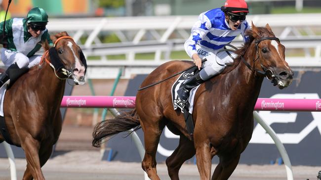 Redkirk Warrior leaves his rivals behind in the Group 1 Newmarket Handicap. Picture: AAP