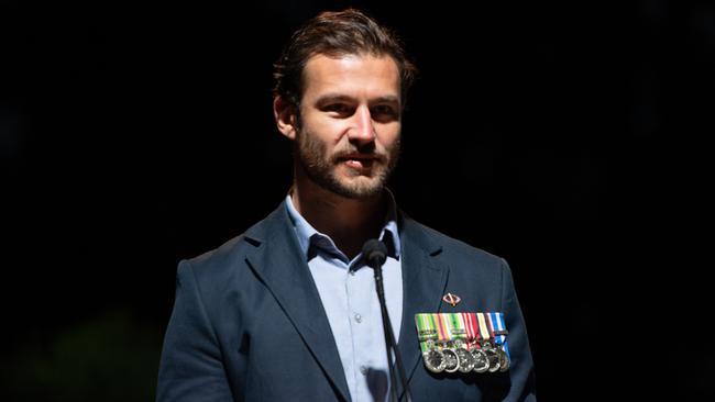 Adrian Sutter at the Anzac Day Dawn Service at Goldstein Reserve Coogee on Sunday, 25 April 2021. Monique Harmer