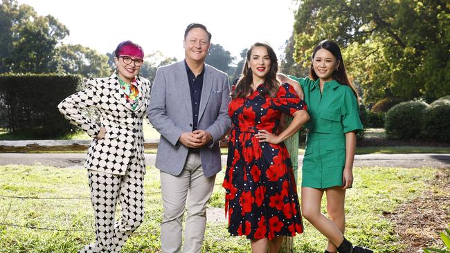 The fresh batch! Pictured at Concord in Sydney is Cal Wilson (host) Darren Purchese (judge) Rachel Khoo (judge) and Natalie Tran (host) ahead of the first day of filming the new season of The Great Australian Bake Off. Picture: Richard Dobson