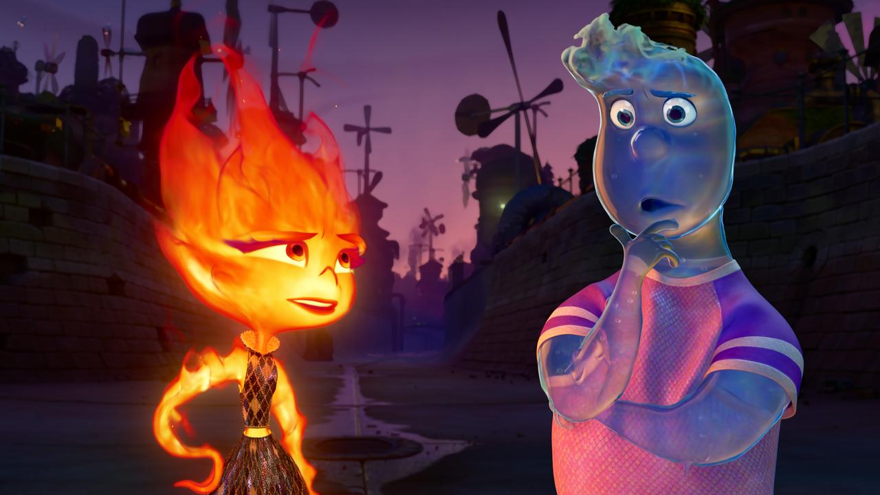 Ember (Leah Lewis) and Wade (Mamoudou Athie) in a scene from Pixar’s Elemental.