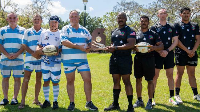 Stray Cats Peter 'Wongy' Wong, Heath 'Gucci' Thompson, Mark 'Gunner' Owens, Allan 'Yorock' Hunt and Captain Pierre Sajous, Captain Josiah Marlow, Sgt Chavon Williams, Cpl Kevin Palacios as the Stray Cats will take on the US Marines in their annual 9/11 memorial rugby game. Picture: Pema Tamang Pakhrin