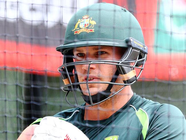 CRICKET - Australian cricket team training at Adelaide Oval. Aaron Finch shows off his bruise after getting hit in the right shoulder. Photo Sarah Reed