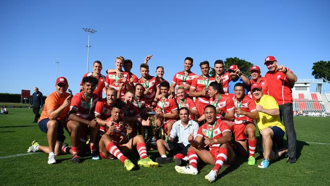 PBC players and staff celebrate winning the 2018 NRL Schoolboy Cup national final. Picture: Vanessa Hafner/NRL Queensland Schools