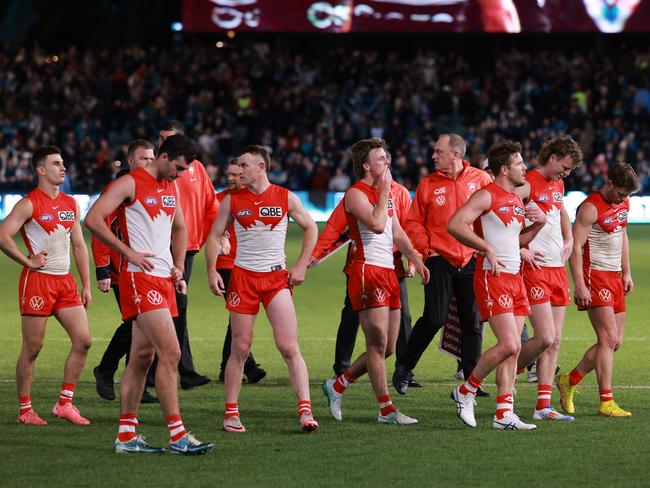 The Swans after the 112-point loss. Picture: James Elsby/AFL Photos