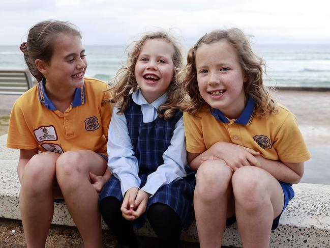 Students Lucy Whitehead, 10, Flora Stephens, 5 and Elodie Stephens, 8. Picture: Tim Hunter.