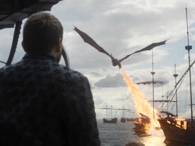 Euron watches on helplessly as Daenerys and Drogon burn the Iron Fleet. Picture: Foxtel 