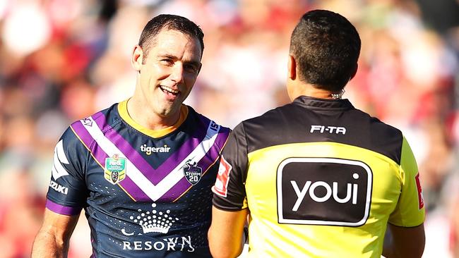 SYDNEY, NEW SOUTH WALES - MAY 06: Cameron Smith of the Storm makes his point to referee Matt Cecchin during the round nine NRL match between the St George Illawarra Dragons and the Melbourne Storm at UOW Jubilee Oval on May 6, 2018 in Sydney, Australia. (Photo by Mark Kolbe/Getty Images)