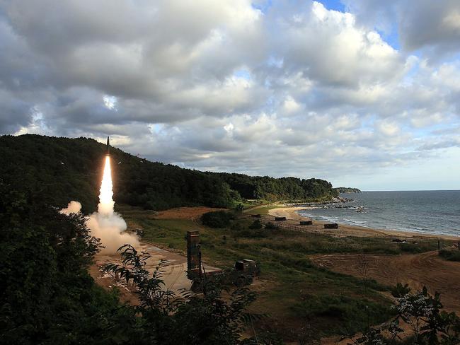 South Korea fires off its Hyunmu-2 missile into the East Sea during a live fire exercise earlier this month. Picture: South Korean Defence Ministry/AFP