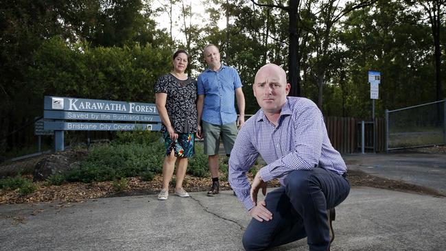 Kasper Ellis’s parents Ruth and David with private investigator Oliver Laurence (front) who investigate the case, at Karawatha Forest, Woodridge, close to where Kasper was last seen. Picture: AAP/Josh Woning